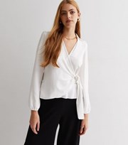 New Look Off White Long Sleeve V Neck Wrap Blouse